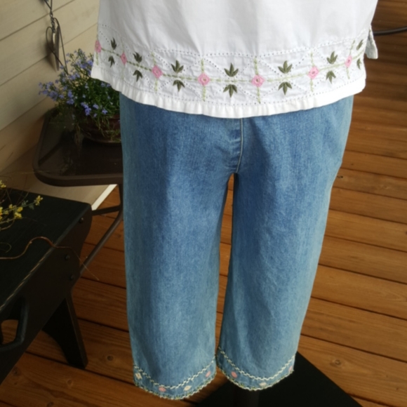 Liz Claiborne ♡ Sweet Vintage 2pc Embroidered Sleeveless Top SP | Jean Capris 2P - Picture 11 of 17